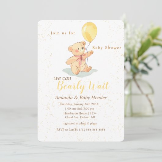 Teddy Bear Bearly Wait Baby shower Kaart (Staand voorkant)