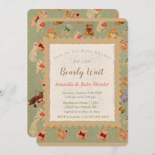 Teddy Bear Bearly Wait Baby shower Kaart (Voorkant / Achterkant)