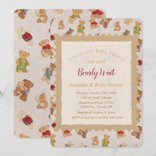 Teddy Bear Bearly Wait Baby shower Kaart (Voorkant / Achterkant)