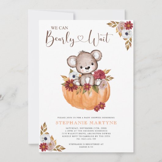 Teddy Bear Bearly Wait Herfst Baby shower Kaart (Voorkant)