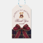 Teddy Bear Beary 1st Birthday Bow Plaid Thank you Cadeaulabel (Voorkant)