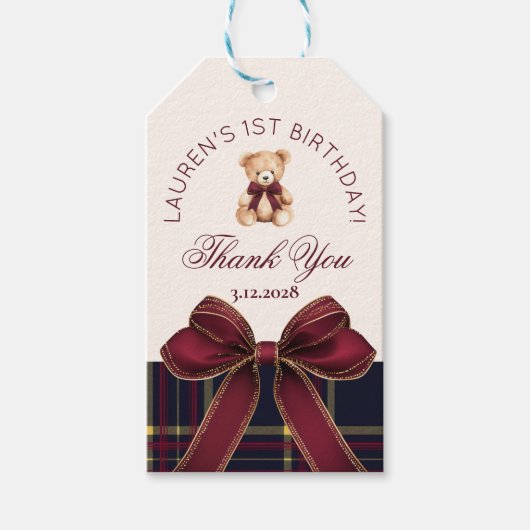 Teddy Bear Beary 1st Birthday Bow Plaid Thank you Cadeaulabel (Voorkant)
