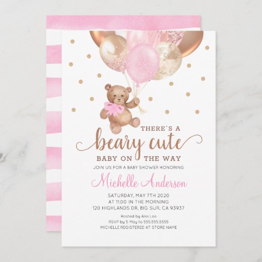 Teddy Bear Beary Cute Baby shower Invitation Kaart (Voorkant / Achterkant)