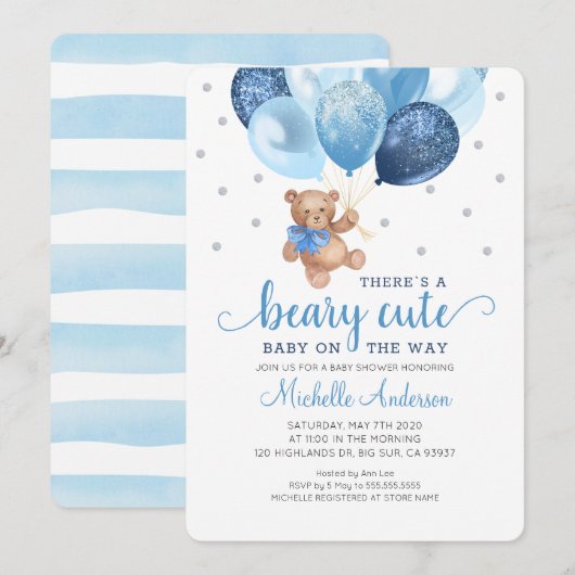 Teddy Bear Beary Cute Baby shower Invitation Kaart (Voorkant / Achterkant)