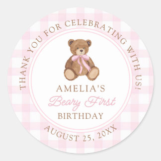 Teddy Bear Beary First 1st Birthday Party Ronde Sticker