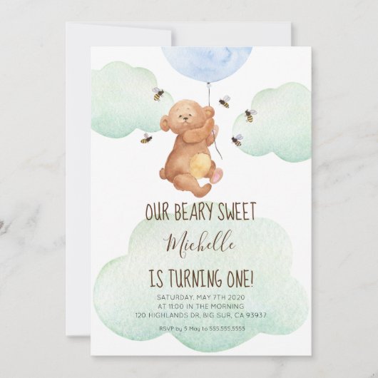 Teddy Bear Bees Beary Sweet Baby 1e verjaardag Kaart (Voorkant)
