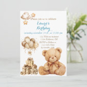 Teddy Bear Beige Ballon Verjaardag Kaart (Staand voorkant)