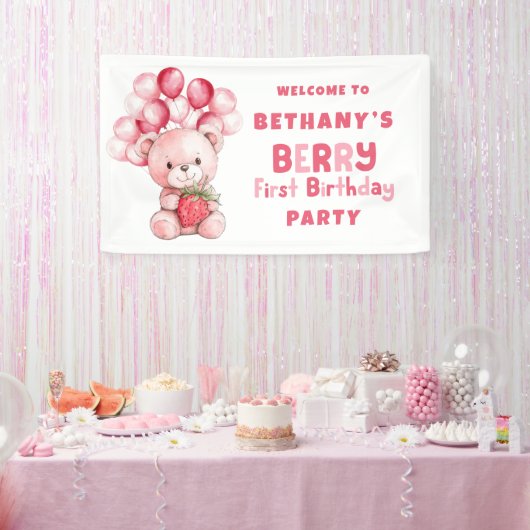 Teddy Bear Berry Eerste Verjaardag Aardbei Welkom Spandoek (Feest)