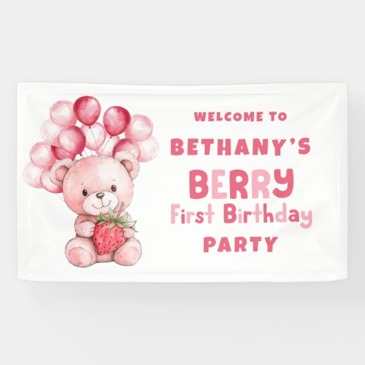 Teddy Bear Berry Eerste Verjaardag Aardbei Welkom Spandoek (Horizontaal)