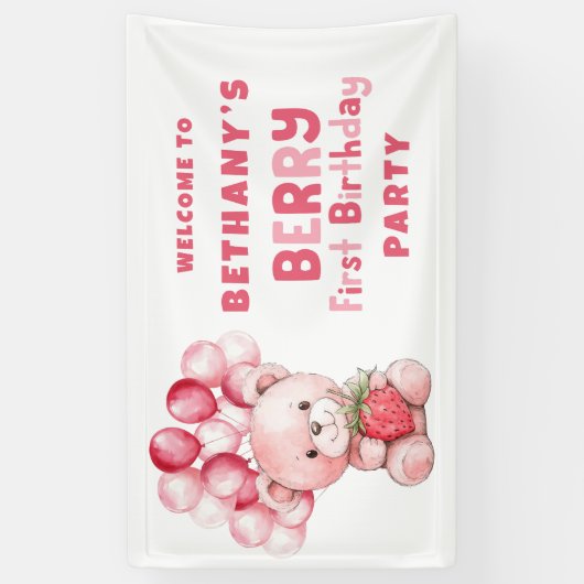 Teddy Bear Berry Eerste Verjaardag Aardbei Welkom Spandoek (Verticaal)
