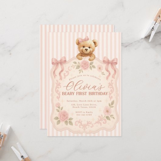 Teddy Bear Birthday Invitation  Kaart (Voorkant / Achterkant in situ)