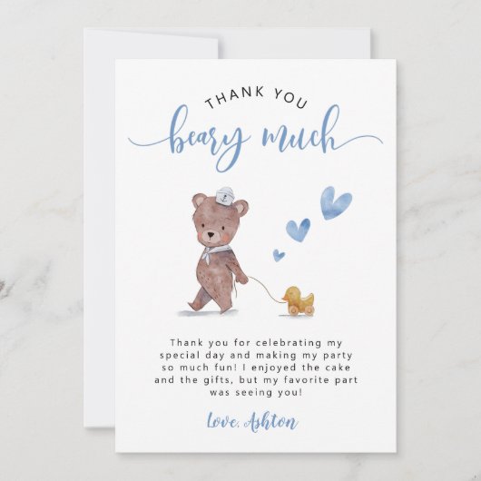 Teddy Bear Birthday Party Blue Bedankkaart (Voorkant)