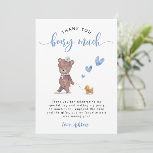Teddy Bear Birthday Party Blue Bedankkaart (Staand voorkant)