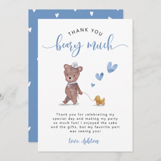 Teddy Bear Birthday Party Blue Bedankkaart (Voorkant / Achterkant)