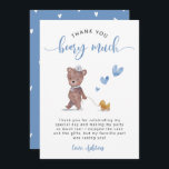 Teddy Bear Birthday Party Blue Bedankkaart<br><div class="desc">Cute teddy's verjaardagsfeestje is te danken aan de waterverf illustratie van een krab in een zeeluik met een eend speelgoed en blauw hart. Het bericht bedankt gasten voor het bijwonen van de partij. Bovenaan staat de tekst: "Dank je BEARY!"</div>