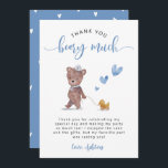 Teddy Bear Birthday Party Blue Bedankkaart<br><div class="desc">Cute teddy's verjaardagsfeestje is te danken aan de waterverf illustratie van een krab in een zeeluik met een eend speelgoed en blauw hart. Het bericht bedankt gasten voor het bijwonen van de partij. Bovenaan staat de tekst: "Dank je BEARY!"</div>
