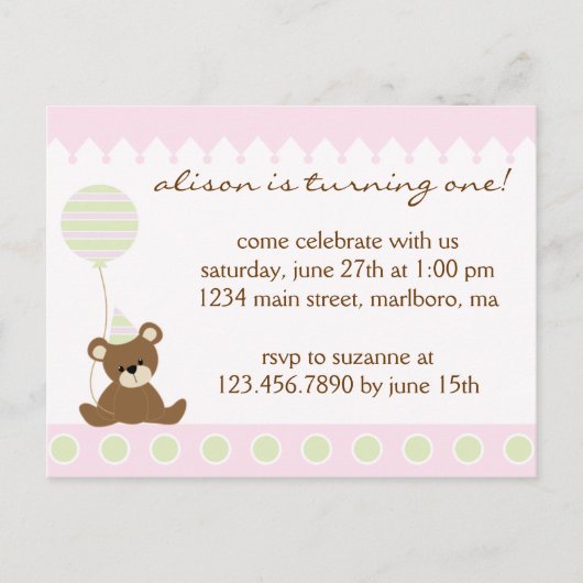 Teddy Bear Birthday Party Invitation Uitnodiging Briefkaart (Voorkant)