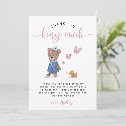 Teddy Bear Birthday Party Pink Bedankkaart (Staand voorkant)