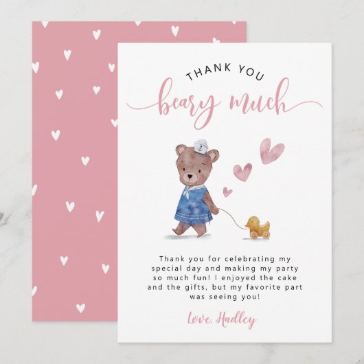 Teddy Bear Birthday Party Pink Bedankkaart (Voorkant / Achterkant)