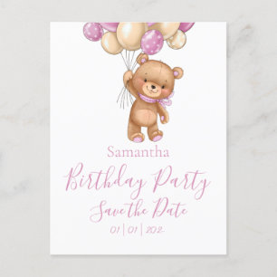 Teddy Bear Birthday Party Save the Date Pink Girl Briefkaart