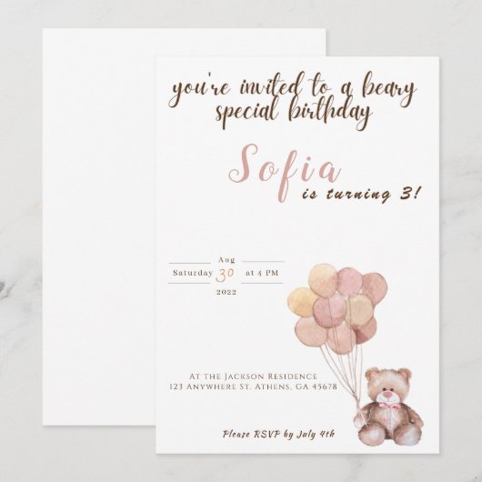 Teddy Bear Birthday Uitnodiging (Voorkant / Achterkant)