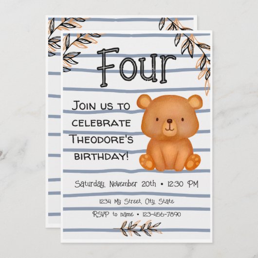 Teddy Bear Birthday Uitnodiging (Voorkant / Achterkant)