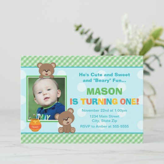 Teddy Bear Birthday Uitnodiging 5x7 Fotokaart (Staand voorkant)