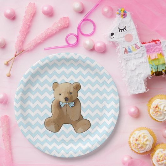Teddy Bear blauw en wit gestreepte partij Bord (Feest)
