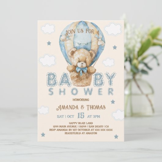 Teddy Bear Blauw  Jongen Baby shower Kaart (Staand voorkant)
