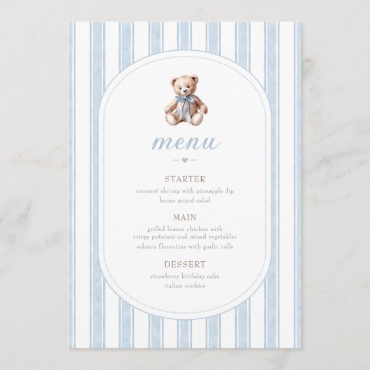 Teddy Bear blauw minimalistisch menu (Voorkant)