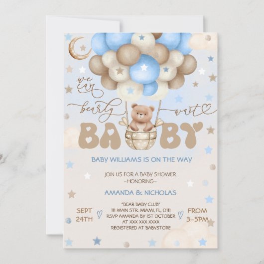 Teddy Bear Blauw Schattige Ballon Boy Baby shower Kaart (Voorkant)
