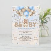 Teddy Bear Blauw Schattige Ballon Boy Baby shower Kaart (Staand voorkant)