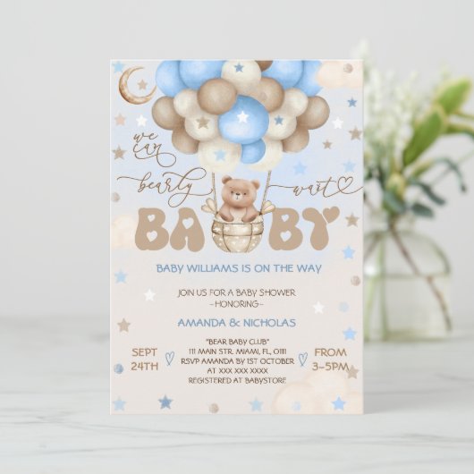 Teddy Bear Blauw Schattige Ballon Boy Baby shower Kaart (Staand voorkant)