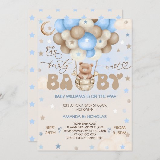 Teddy Bear Blauw Schattige Ballon Boy Baby shower Kaart (Voorkant / Achterkant)
