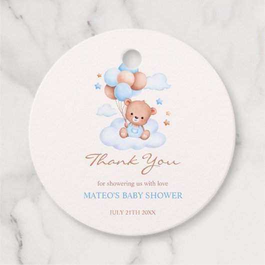 Teddy Bear Blauw Tan Balloons Jongen Baby shower Bedankjes Labels (Voorkant)