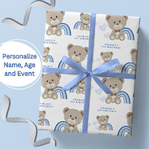 TEDDY BEAR Blauw Verjaardag Wrapping Paper Roll Cadeaupapier