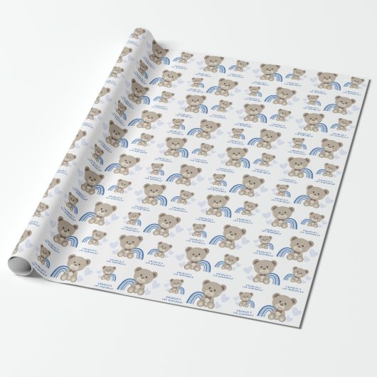 TEDDY BEAR Blauw Verjaardag Wrapping Paper Roll Cadeaupapier (Uitgerold)