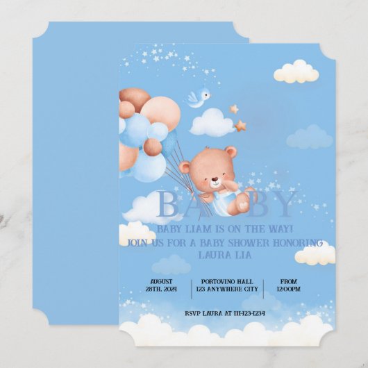 TEDDY BEAR BLAUWE BABYSHOWER UITNODIGING (Voorkant / Achterkant)