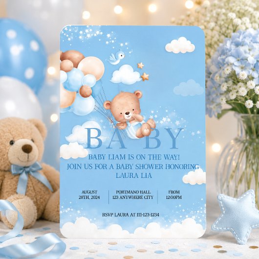 TEDDY BEAR BLAUWE BABYSHOWER UITNODIGING