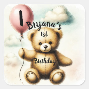 Teddy Bear Blauwe Ballon 1e Verjaardagsfeestje Vierkante Sticker