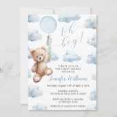 Teddy Bear Blauwe Ballon Oh Boy Baby shower Kaart (Voorkant)
