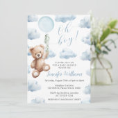 Teddy Bear Blauwe Ballon Oh Boy Baby shower Kaart (Staand voorkant)