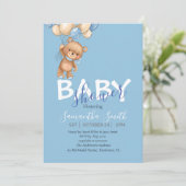 Teddy Bear, blauwe ballonnen Baby shower Aankondiging (Staand voorkant)