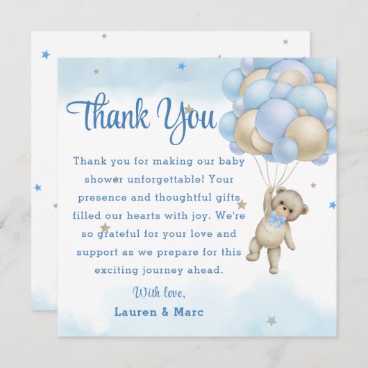 Teddy Bear Blauwe Ballonnen Dank je Kaart (Voorkant / Achterkant)