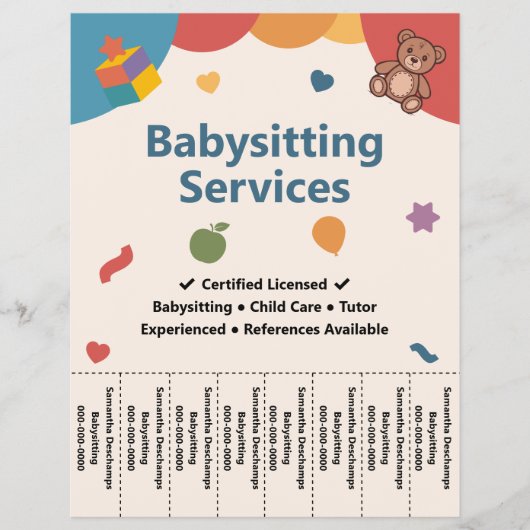 Teddy Bear & Blocks Babysitting Tear Off Strips Flyer (Voorkant)