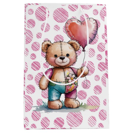 Teddy Bear Bloemen Patchwork Meisje Baby shower Medium Cadeauzakje (Voorkant)