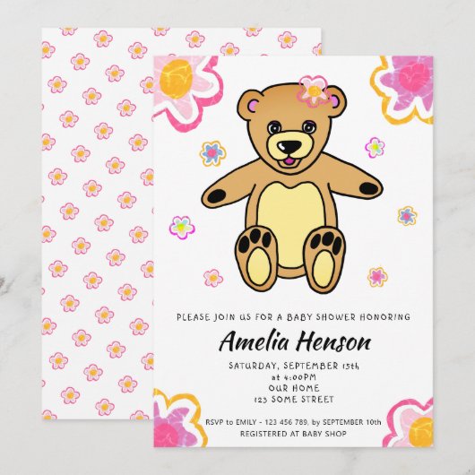 Teddy Bear Bloemenmeisje Floral Baby shower Kaart (Voorkant / Achterkant)