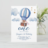 Teddy Bear Blue 1e verjaardagsuitnodiging Kaart (Staand voorkant)