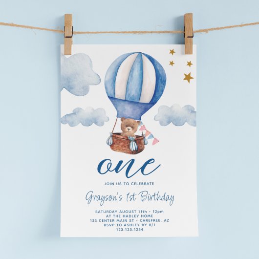 Teddy Bear Blue 1e verjaardagsuitnodiging Kaart