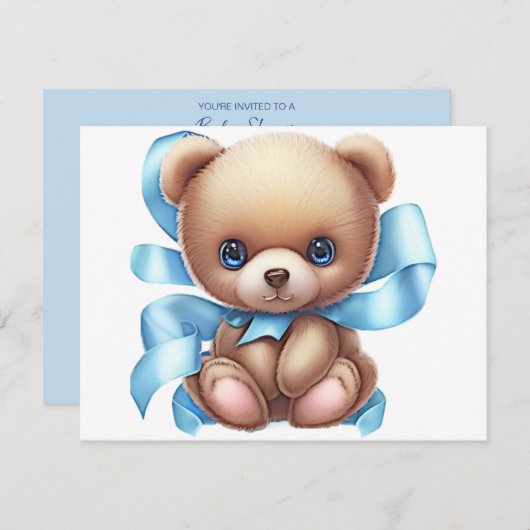 Teddy Bear Blue Baby shower behuizing Kaart QR-cod (Voorkant / Achterkant)